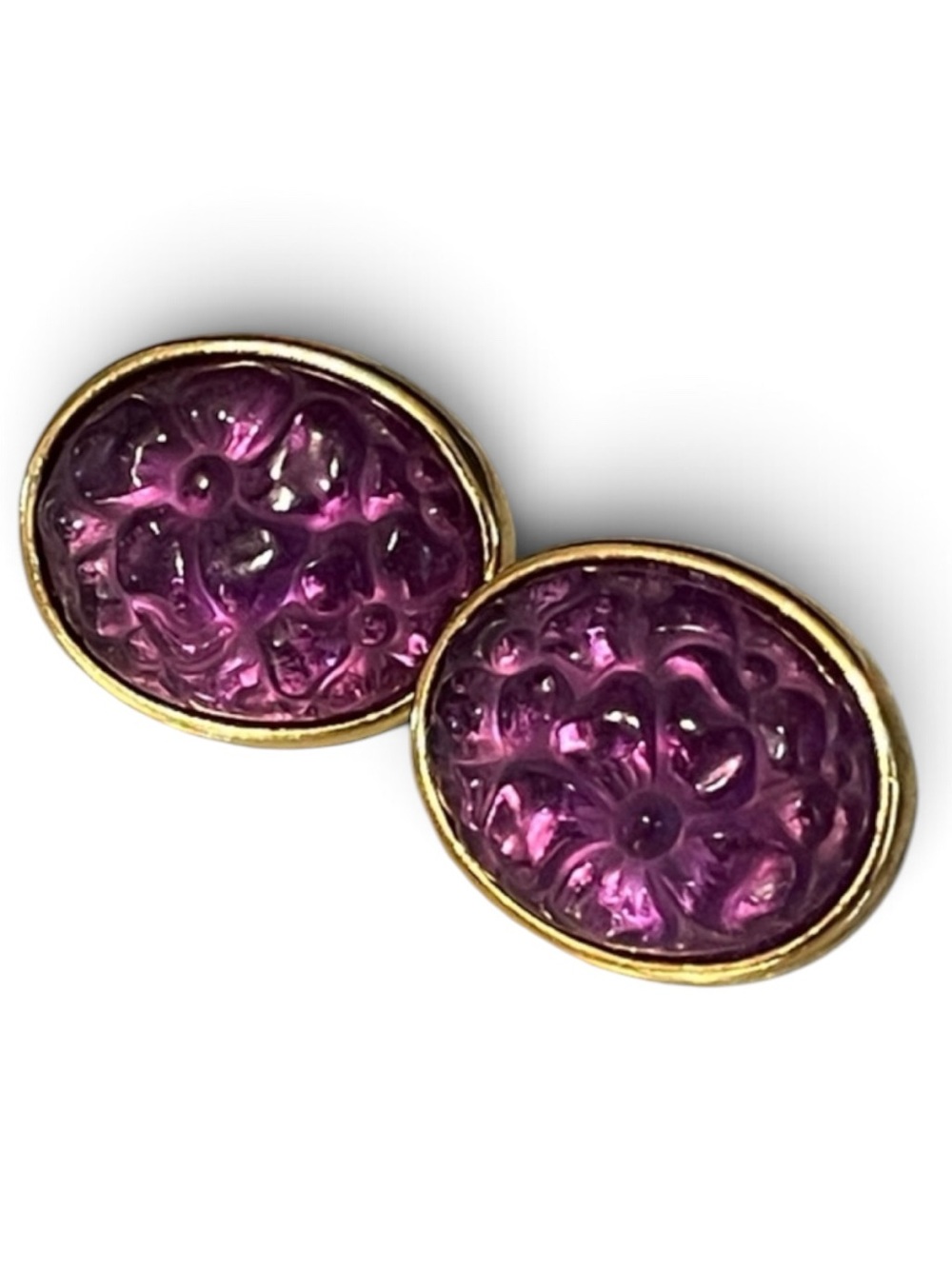 1980’s Avon “Molded Flower” Purple Carved Lucite Floral Motif Clip-On Earrings